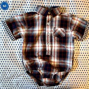 Ben Sherman Short Sleeve Plaid Collared Button Down Bodysuit, Size 3-6M